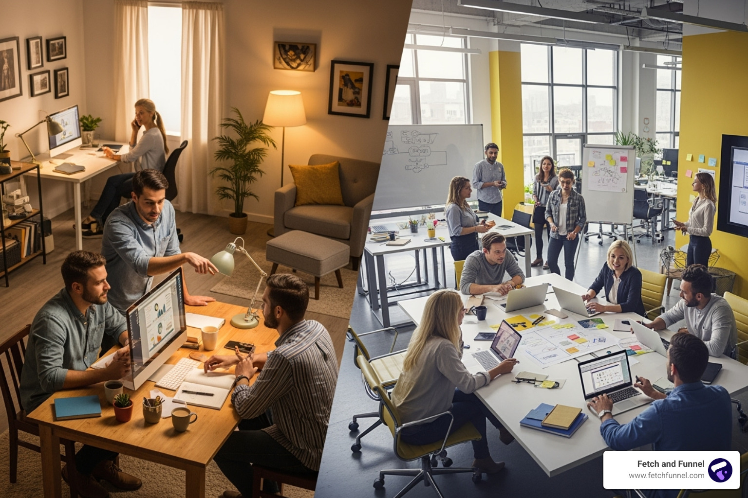 a split screen showing an in-house team on one side and an agency team on the other - ad designing agency a split screen showing an in-house team on one side and an agency team on the other - ad designing agency