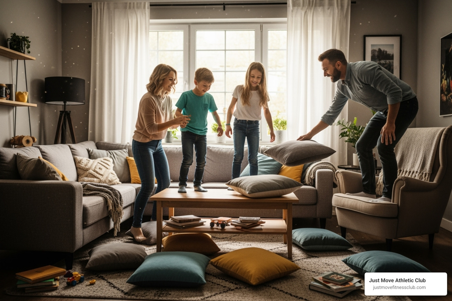 A family playing an active game like "The Floor is Lava" in their living room - Fitness with kids