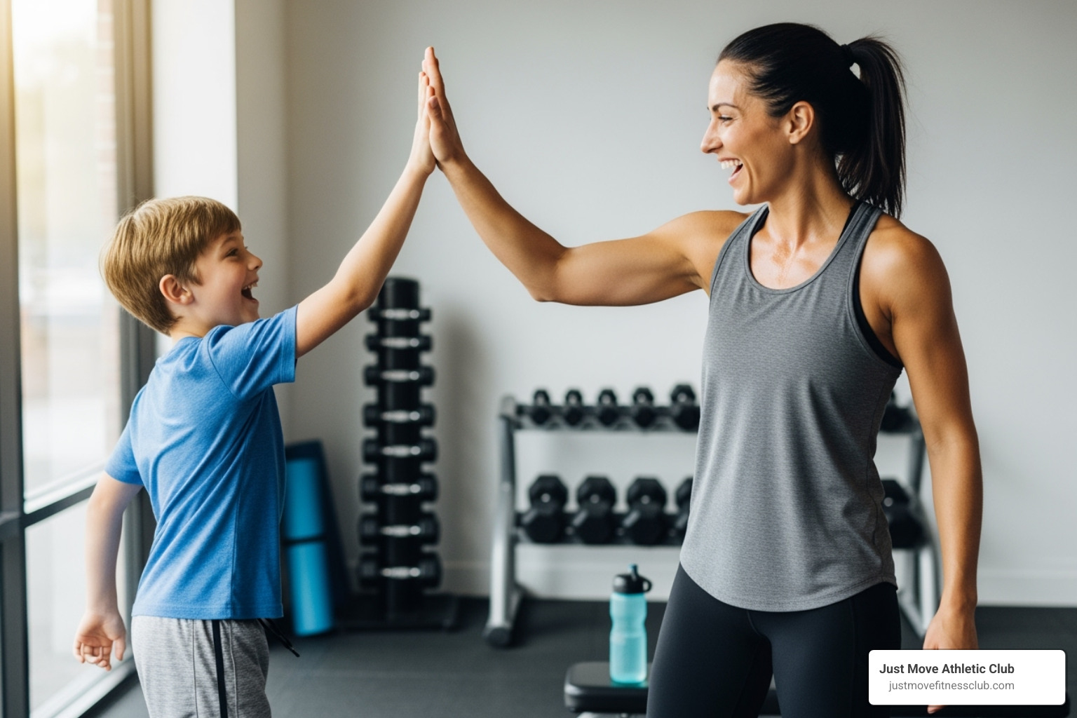 A parent and child giving a high-five during a workout - Fitness with kids