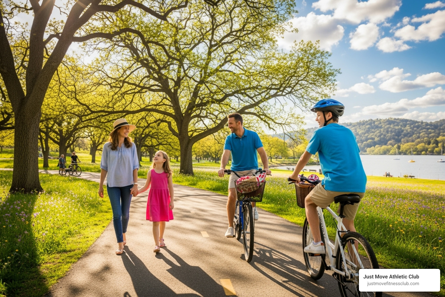 A family walking or biking together on a path - Fitness with kids