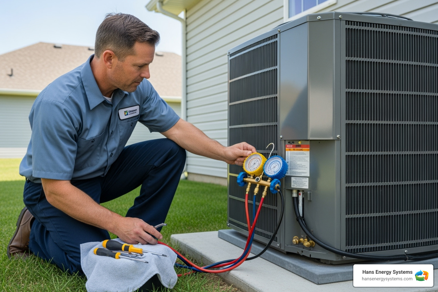 A professional technician inspecting an AC unit with gauges - AC system check
