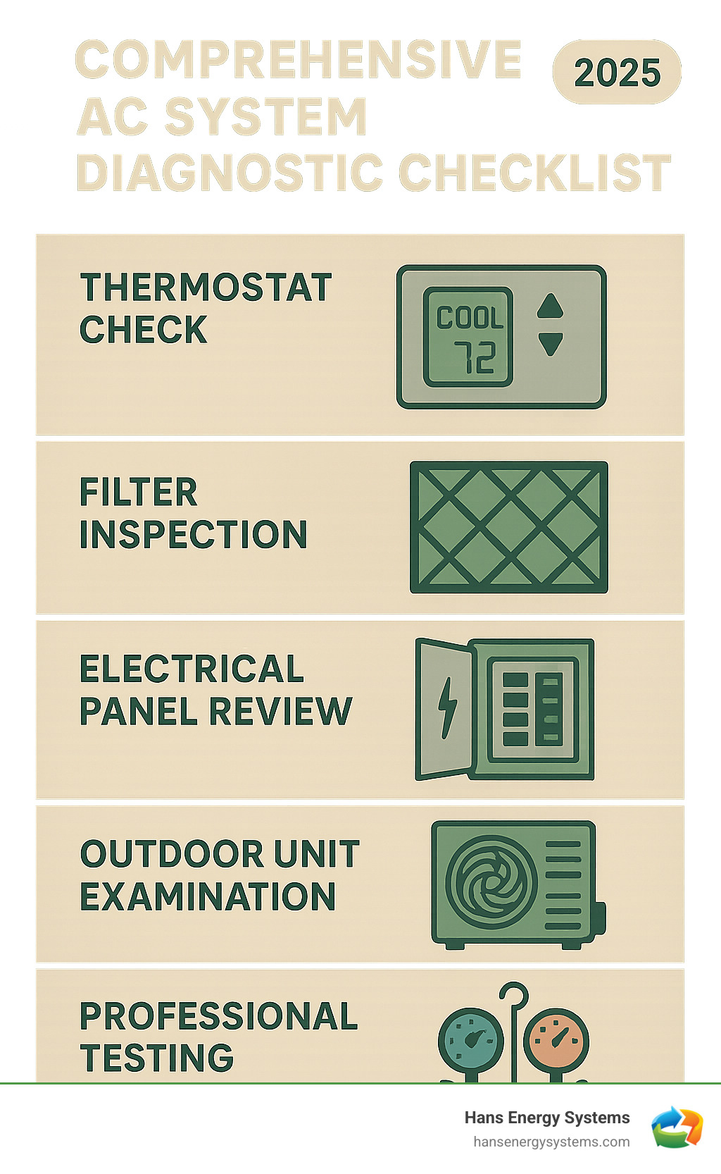 Comprehensive AC system diagnostic checklist showing thermostat check, filter inspection, electrical panel review, outdoor unit examination, and professional testing equipment with pressure gauges - AC system check infographic 