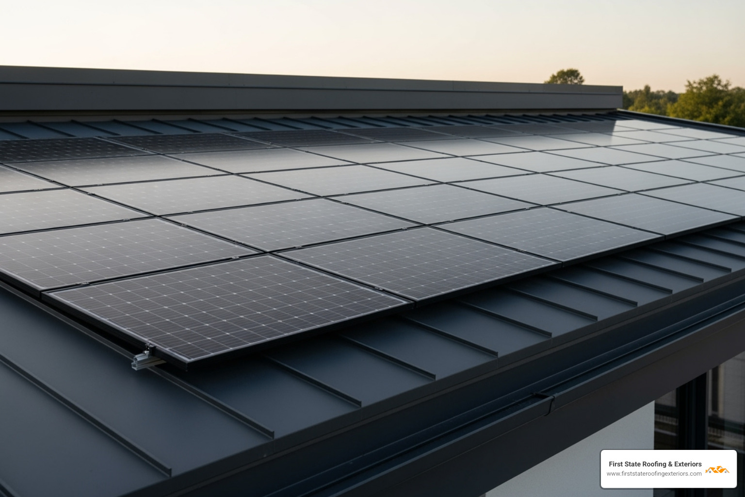 A modern roof with sleek, integrated solar panels - need a roofer