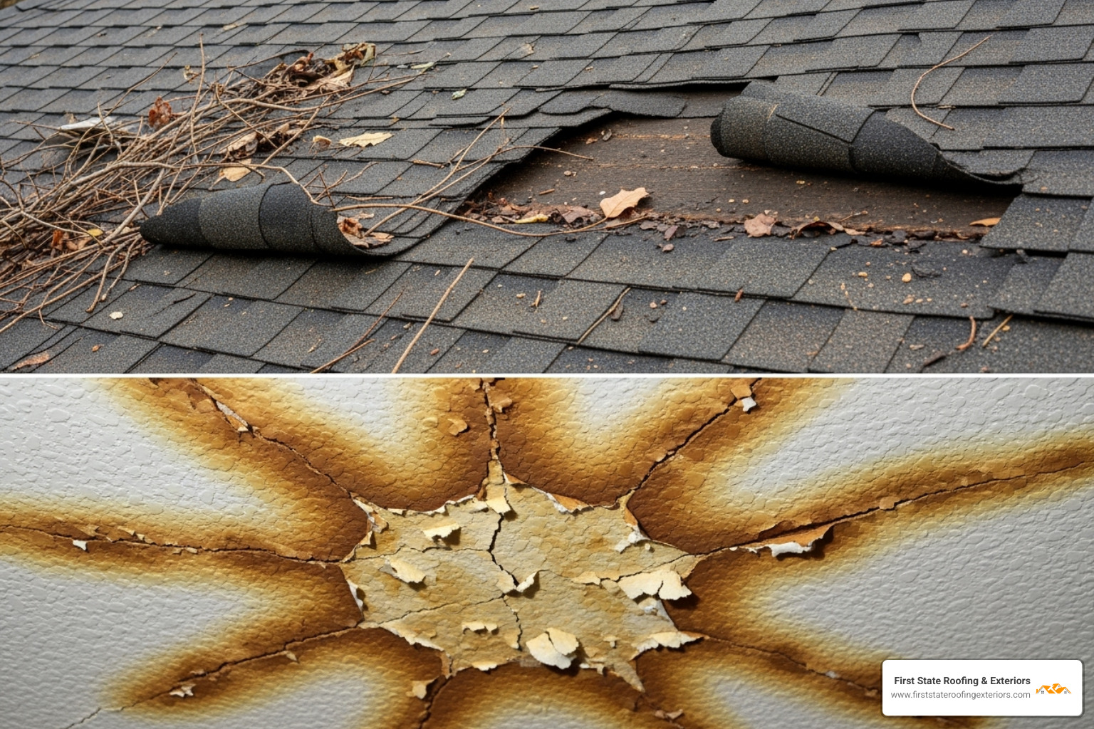 close-ups of curling shingles and water stains on a ceiling - need a roofer