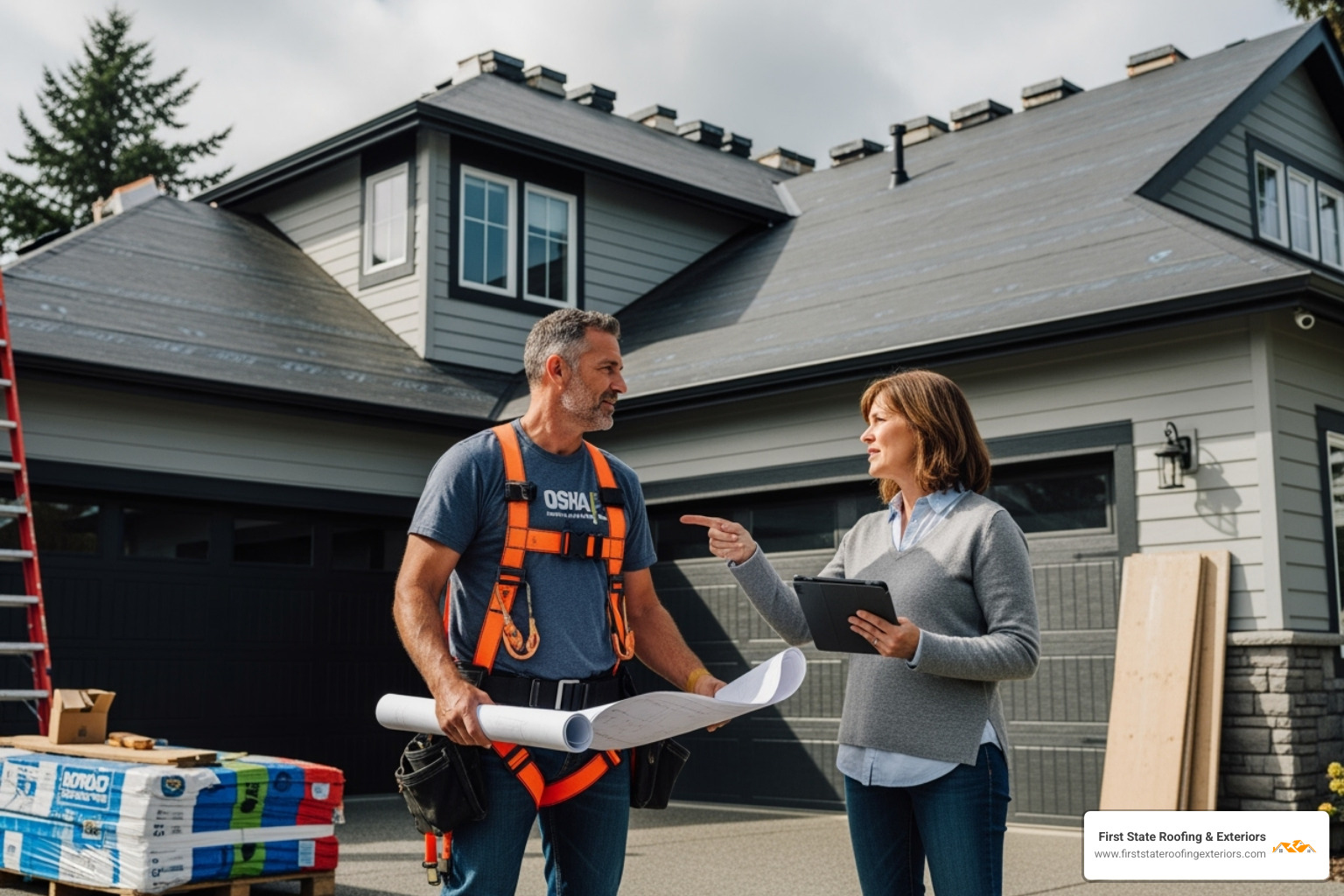 A roofer discussing project details with a homeowner while wearing a safety harness - need a roofer