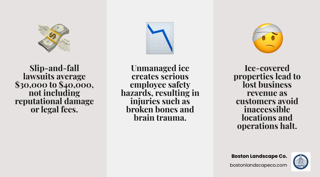 Infographic showing the three key risks of unmanaged commercial ice: financial liability from slip-and-fall accidents averaging $30,000-$40,000, lost business revenue from inaccessible properties and customer avoidance, and employee safety hazards that can result in serious injuries including broken bones and brain trauma - Commercial ice management infographic 3_facts_emoji_grey