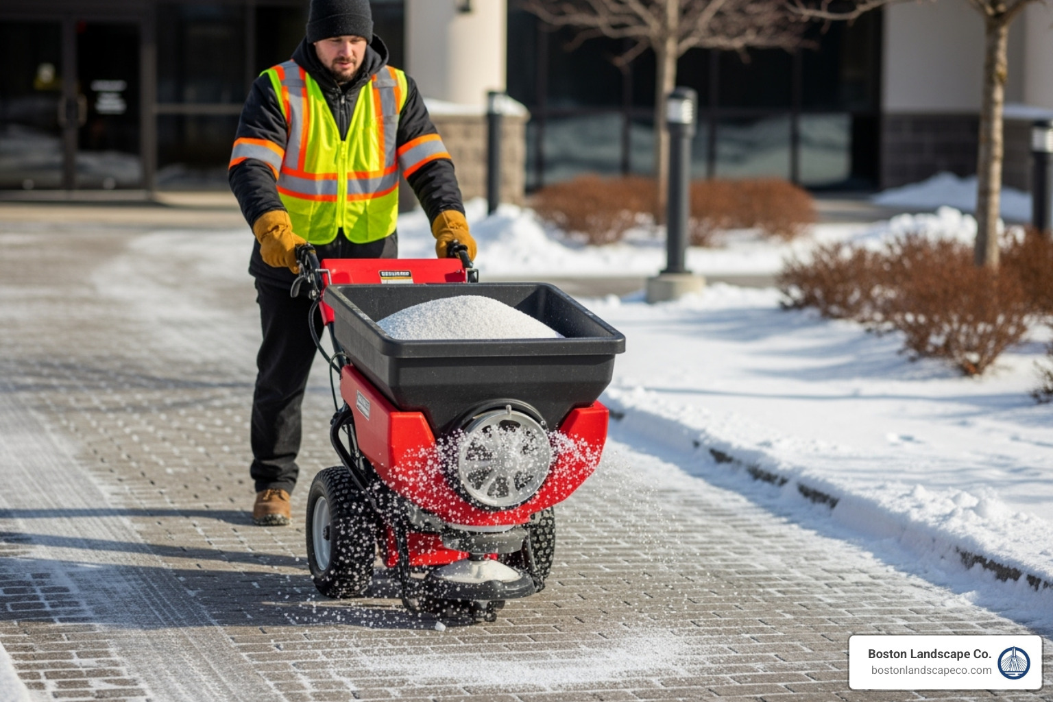 A professional using a commercial-grade salt spreader on a walkway, highlighting the importance of specialized equipment in effective commercial ice management. - Commercial ice management