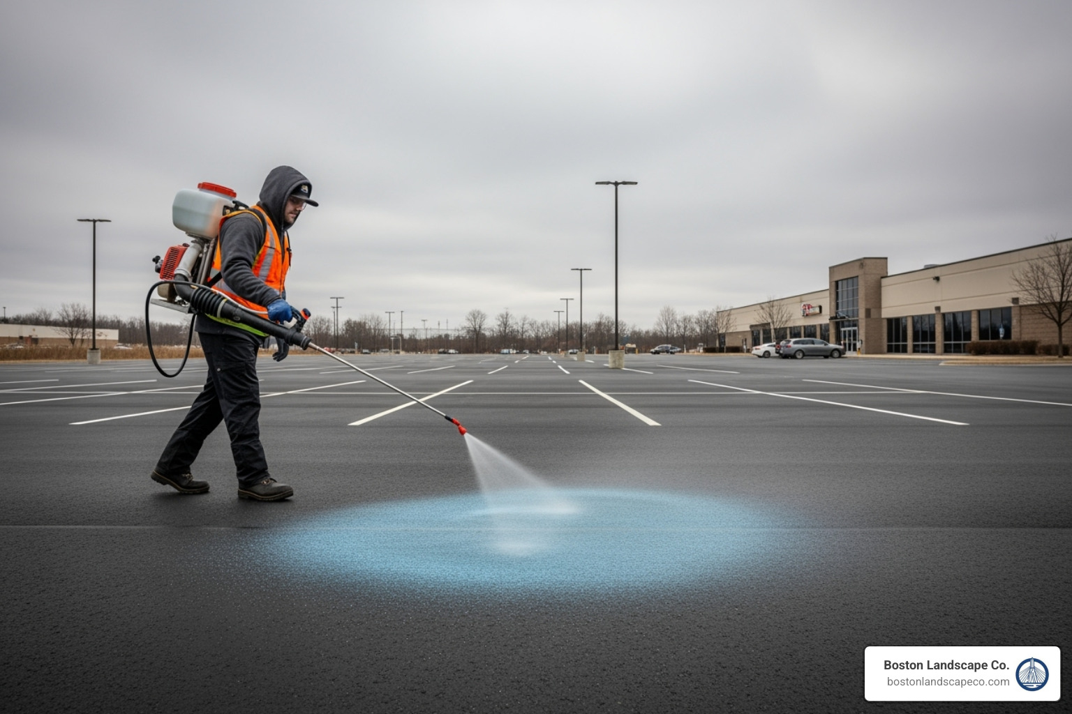 A professional applying anti-icing liquid to a dry pavement before a storm, demonstrating a proactive approach to commercial ice management. - Commercial ice management