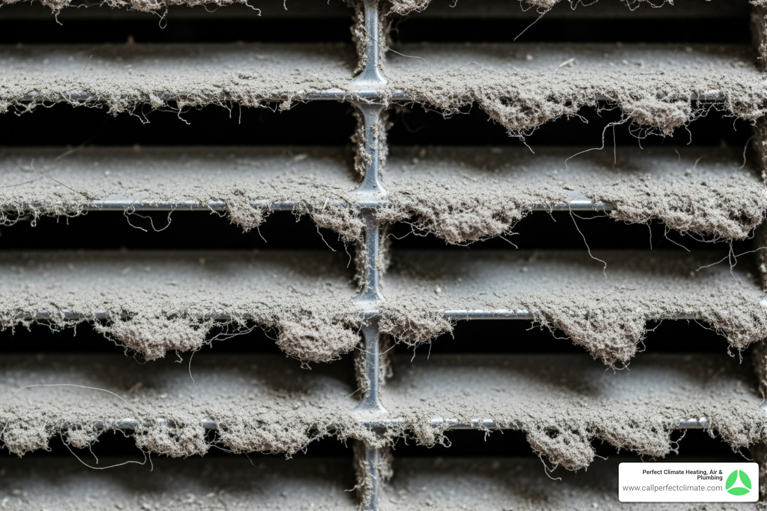 A close-up image of a dusty air vent cover with thick layers of dust and debris visibly accumulated on the grilles, highlighting the need for cleaning - dirty air duct symptoms A close-up image of a dusty air vent cover with thick layers of dust and debris visibly accumulated on the grilles, highlighting the need for cleaning - dirty air duct symptoms