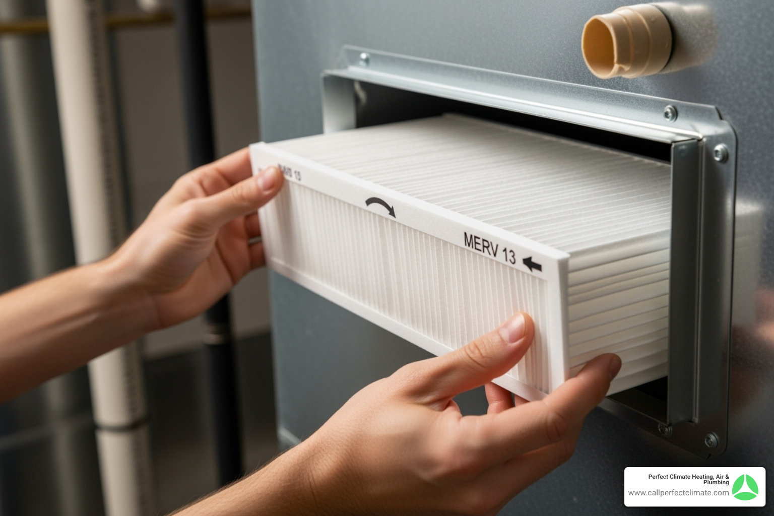 A clear, close-up image of a person's hands inserting a new, pleated, high-efficiency air filter into the filter slot of an HVAC system, emphasizing regular maintenance - dirty air duct symptoms A clear, close-up image of a person's hands inserting a new, pleated, high-efficiency air filter into the filter slot of an HVAC system, emphasizing regular maintenance - dirty air duct symptoms