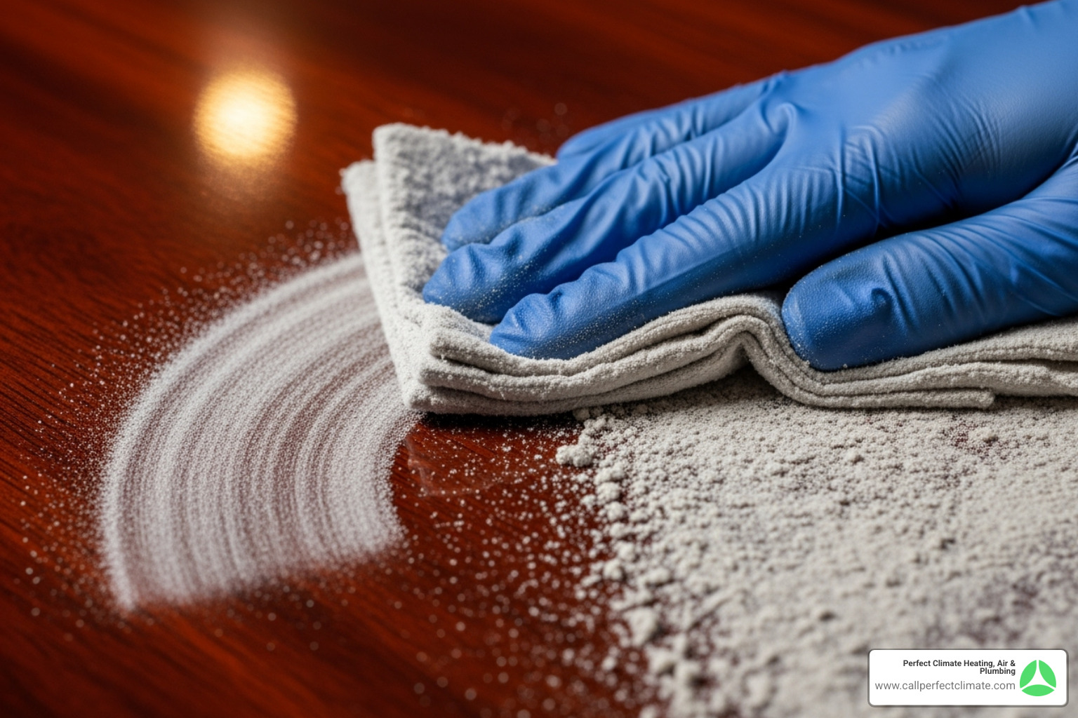 A close-up image of a hand wearing a glove, wiping a thick layer of dust off a dark, polished wooden surface, illustrating excessive household dust buildup - dirty air duct symptoms A close-up image of a hand wearing a glove, wiping a thick layer of dust off a dark, polished wooden surface, illustrating excessive household dust buildup - dirty air duct symptoms