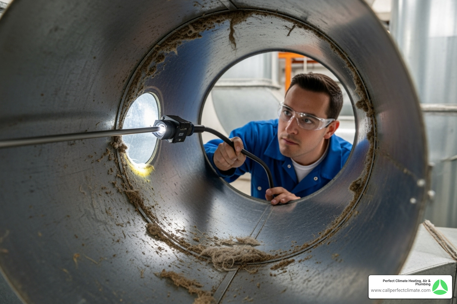 A professional technician carefully using a small, illuminated camera on a flexible rod to inspect the inside of a metal air duct, revealing dust and debris accumulation - dirty air duct symptoms A professional technician carefully using a small, illuminated camera on a flexible rod to inspect the inside of a metal air duct, revealing dust and debris accumulation - dirty air duct symptoms