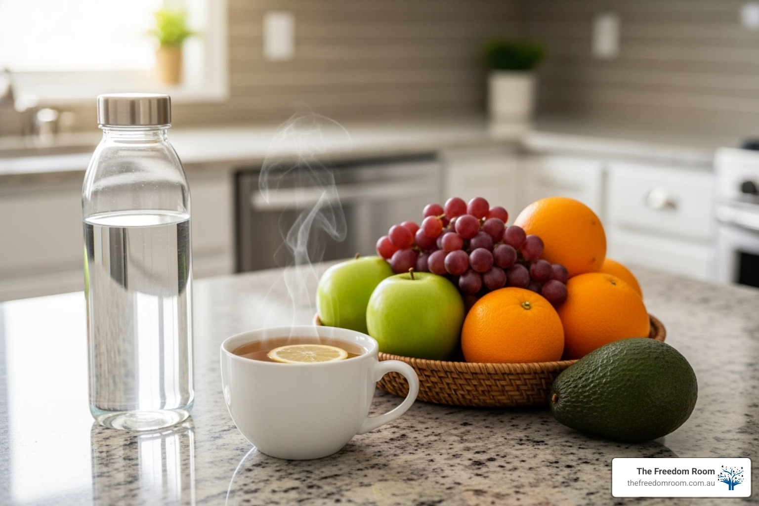 A clean kitchen counter with a water bottle, herbal tea, and fresh fruit, with no alcohol in sight, symbolising a healthy, alcohol-free home environment - how to quit drinking