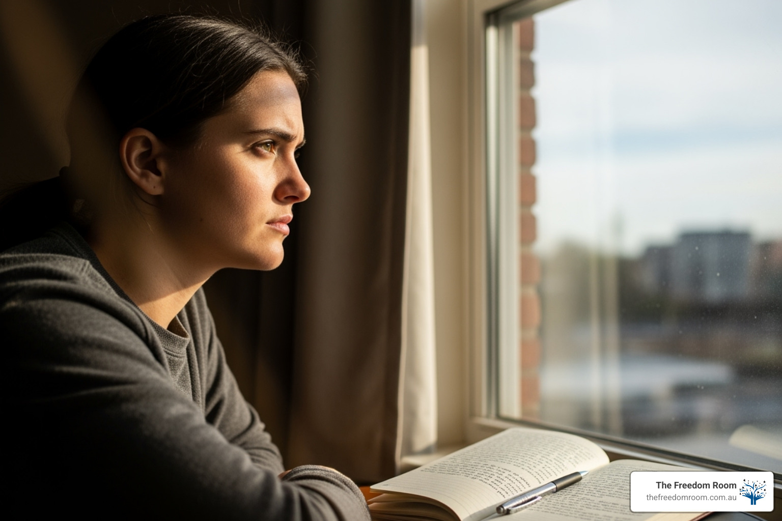 A person thoughtfully looking out a window with a journal nearby, symbolising self-reflection - how to quit drinking