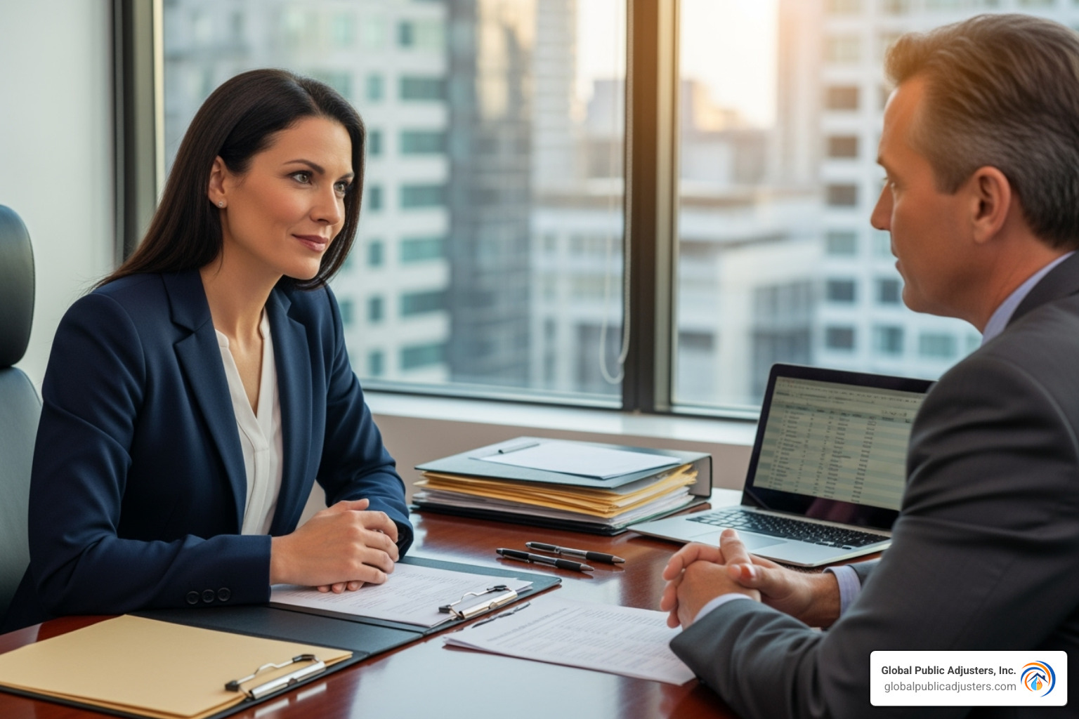 A confident public adjuster negotiating with an insurance representative across a desk, illustrating a professional discussion - Fire damage adjuster