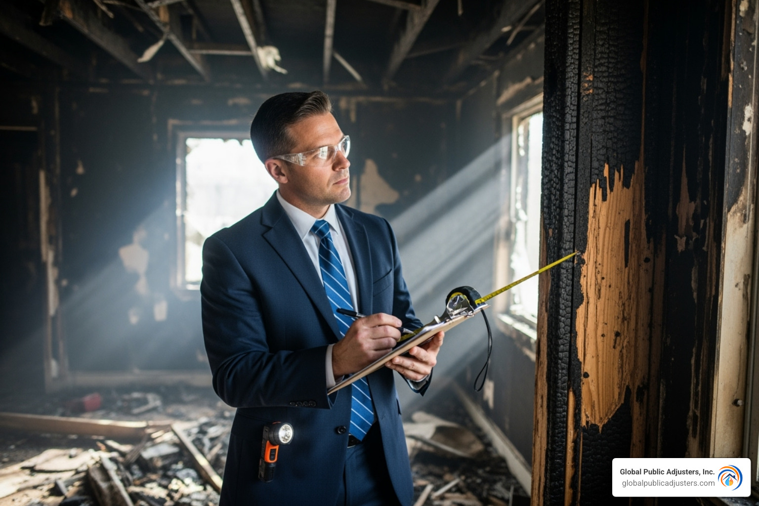 A public adjuster carefully inspecting a fire-damaged room, looking at structural elements and taking notes - Fire damage adjuster