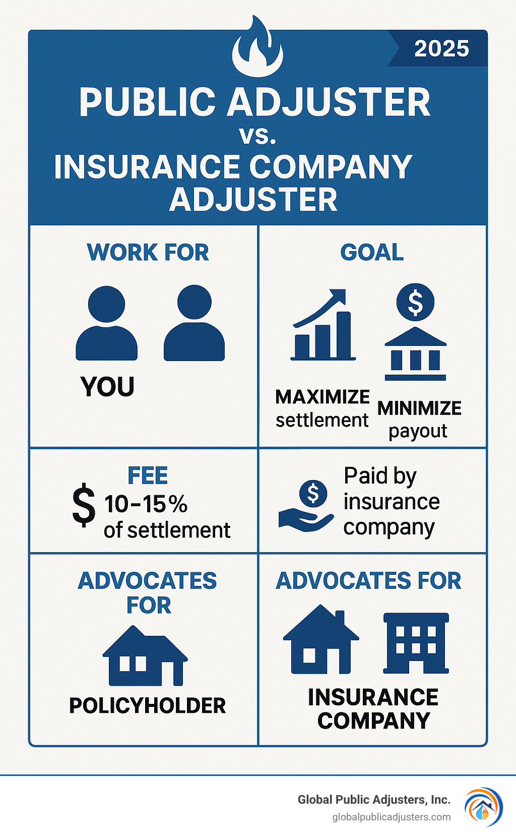 Infographic showing the key differences between public adjusters and insurance company adjusters, including who they work for, their primary goals, fee structures, and how they advocate for different parties in the claims process - Fire damage adjuster infographic 