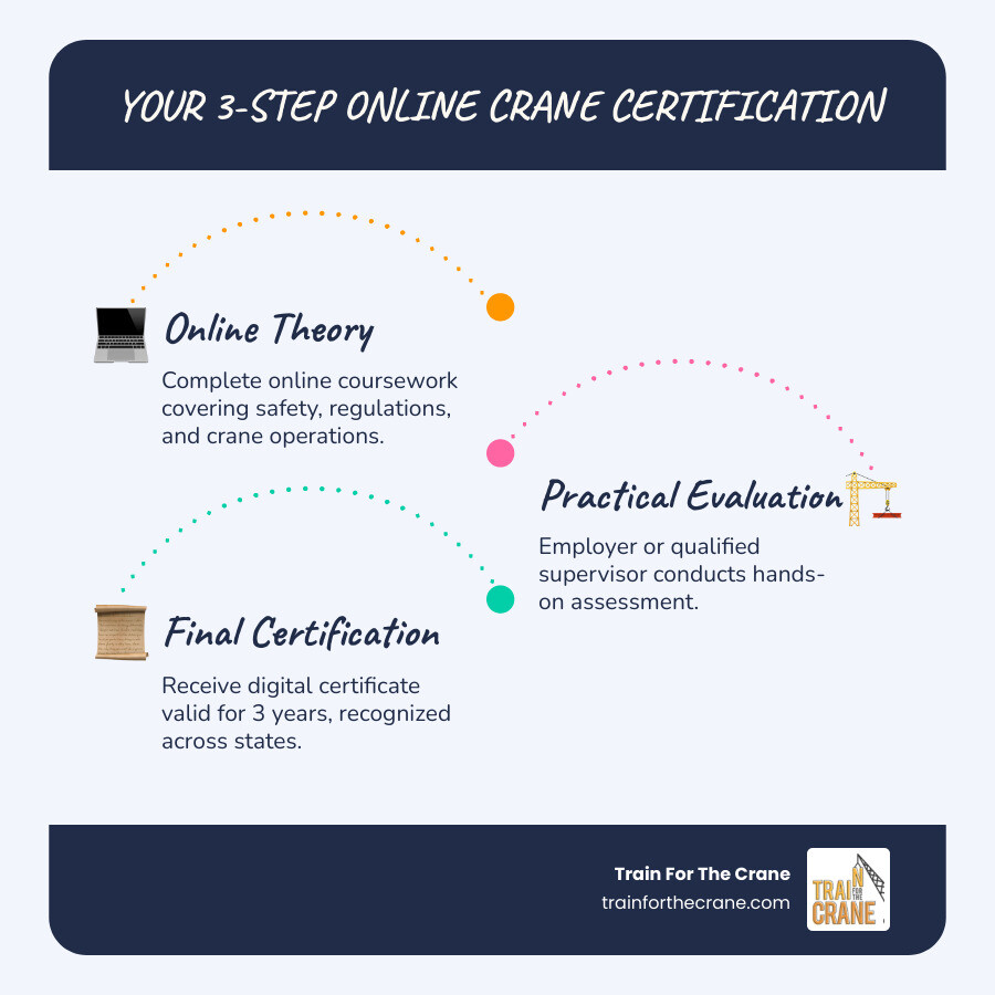 Online crane certification process showing three main steps: complete online theory modules covering crane safety and operations, undergo practical evaluation with employer or qualified supervisor using provided assessment checklists, and receive digital certificate valid for three years with recognition across multiple jurisdictions - crane certification online infographic infographic-line-3-steps-blues-accent_colors