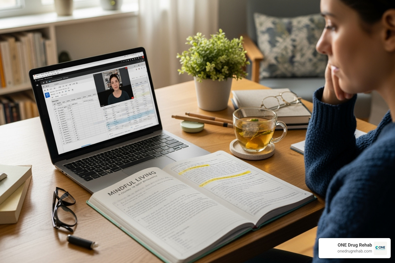 person balancing work on a laptop and a therapy workbook - drug rehab outpatient programs near me