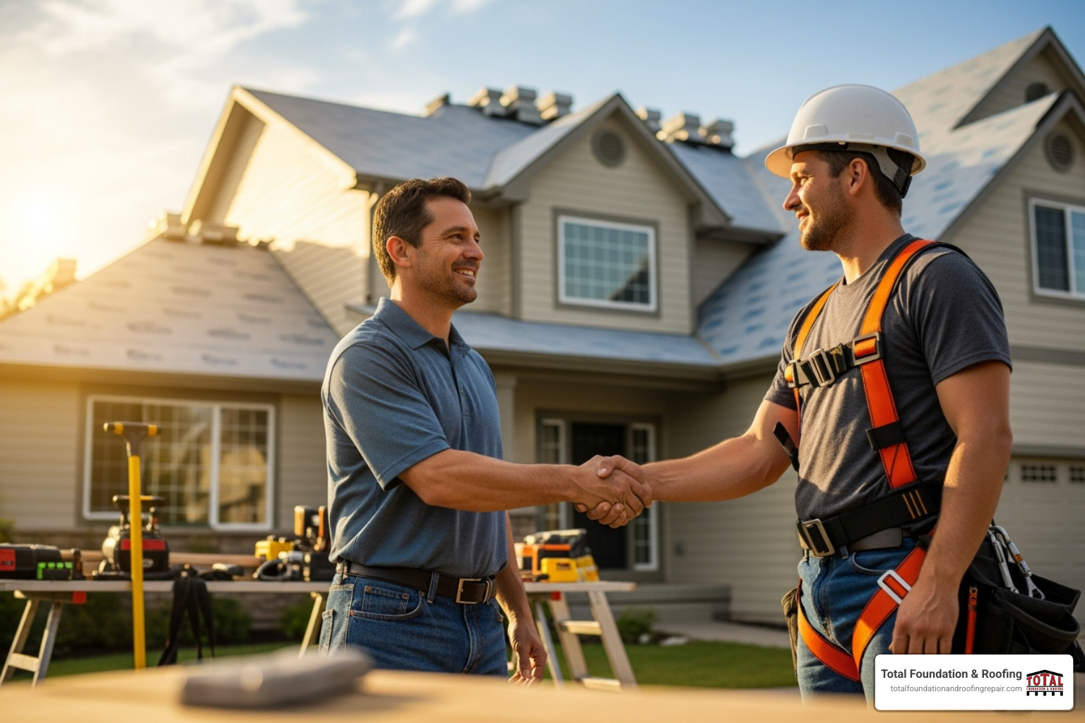 homeowner shaking hands with a friendly roofer wearing a safety harness - your local roofer