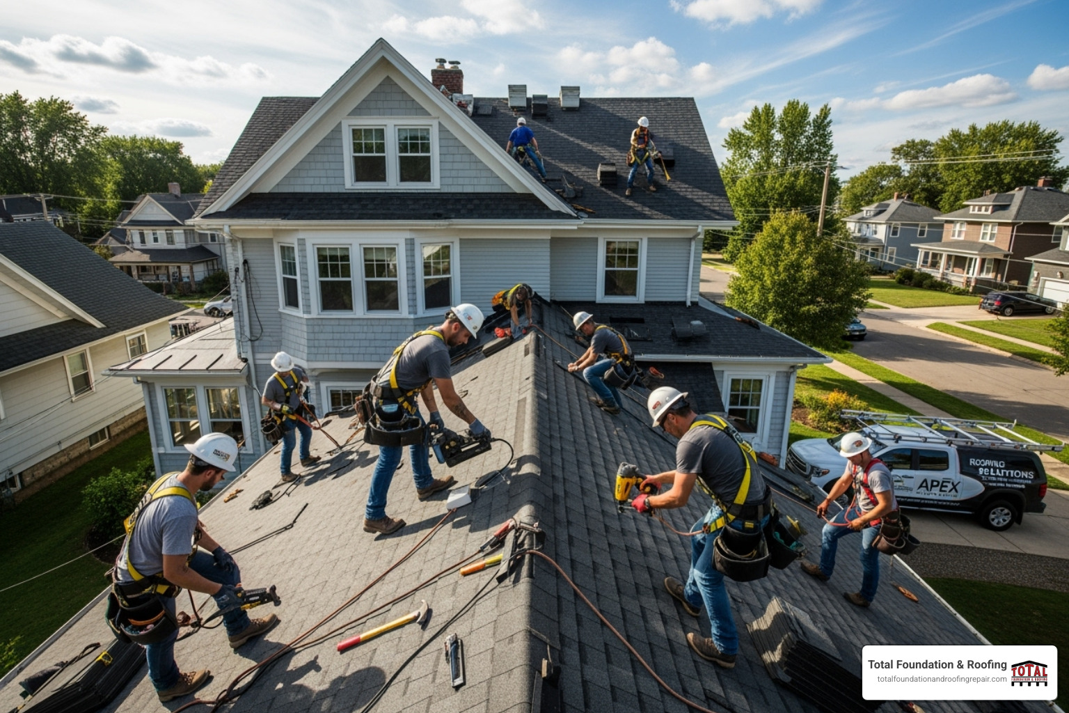 roofing team working professionally on a residential roof with safety harnesses - your local roofer
