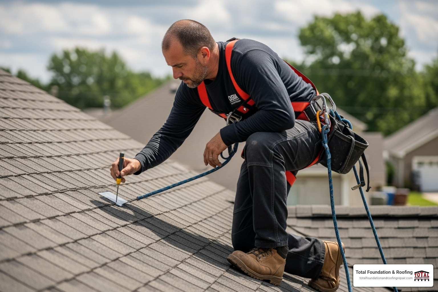 roofer performing detailed roof inspection wearing safety harness - your local roofer