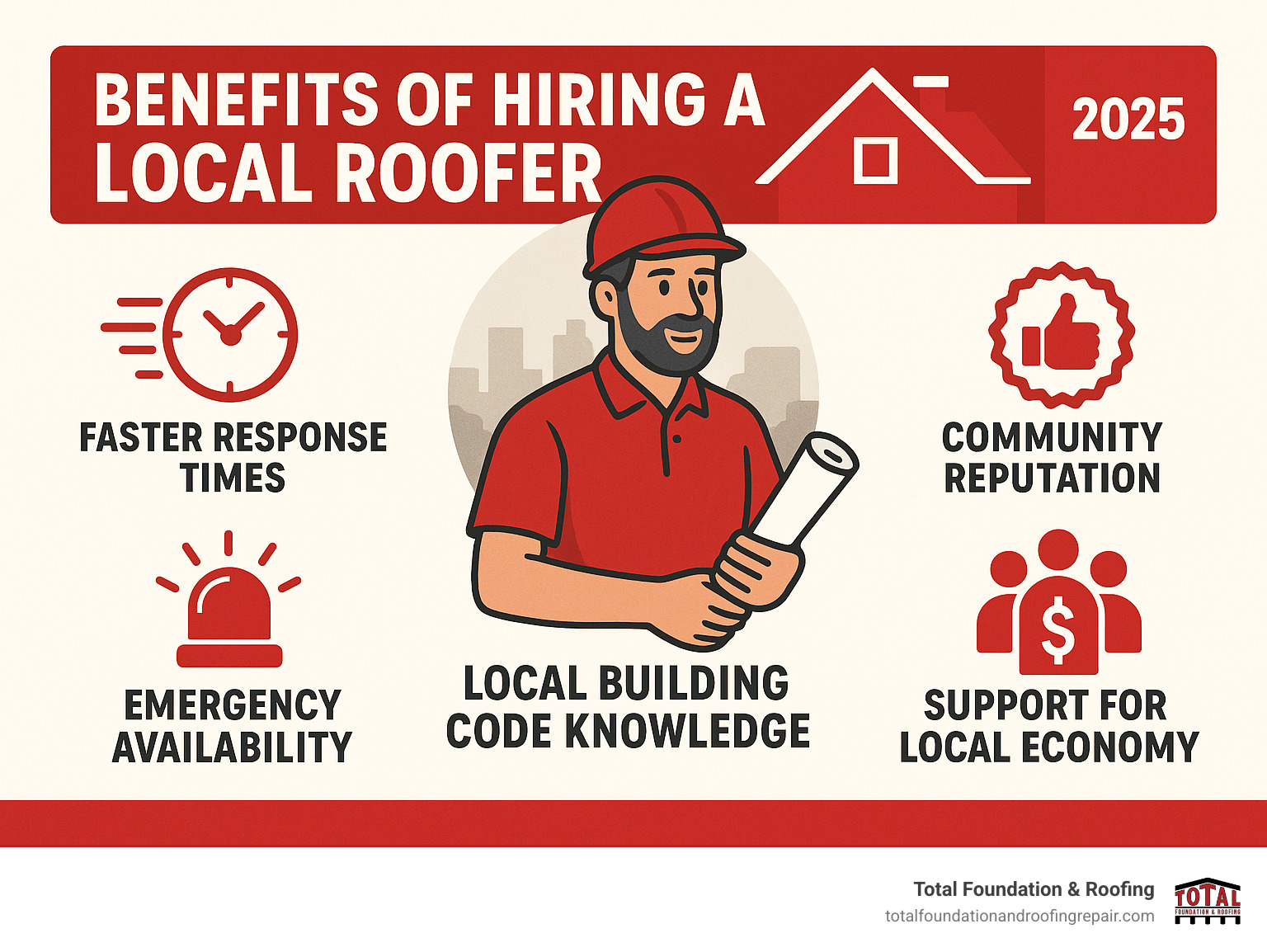 Benefits of hiring a local roofer infographic showing faster response times, local building code knowledge, community reputation, emergency availability, and support for local economy - your local roofer infographic 