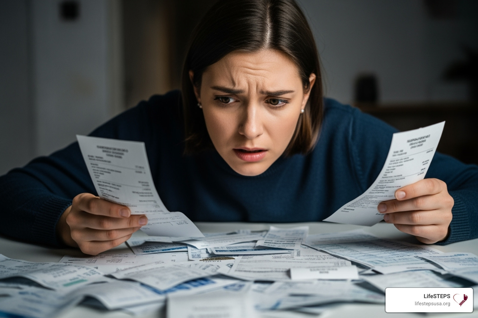 of a person reviewing bills with a concerned expression - rent relief organizations