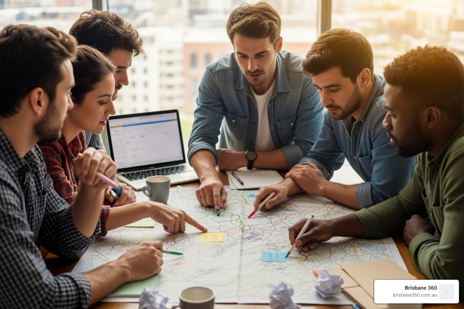 A diverse team collaborating over a map of Brisbane, Logan, and the Gold Coast, planning routes and schedules. - employee transport solutions
