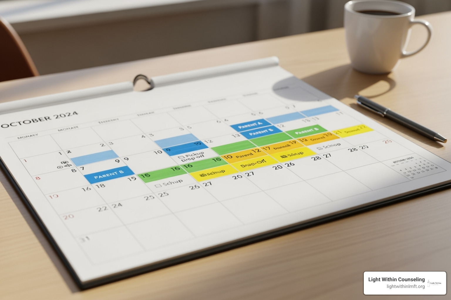 calendar with color-coded parenting time - co parenting counseling calendar with color-coded parenting time - co parenting counseling