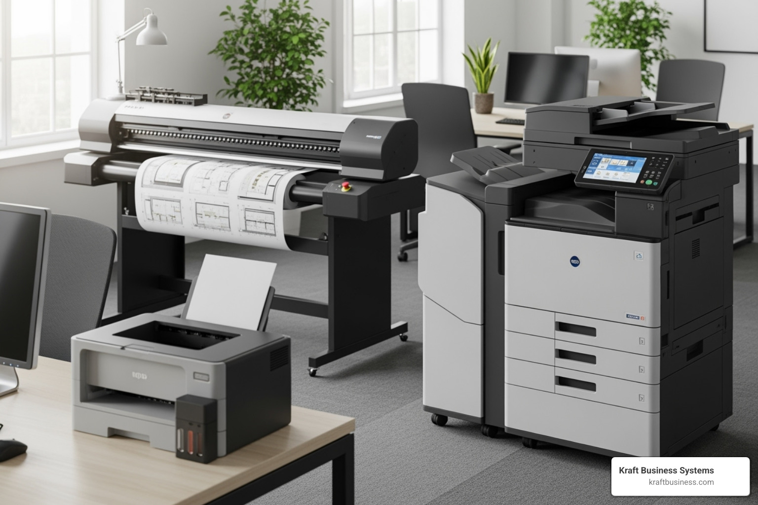 Different types of office printers: a compact desktop model, a large floor-standing MFP, and a wide-format plotter - office printer lease Detroit