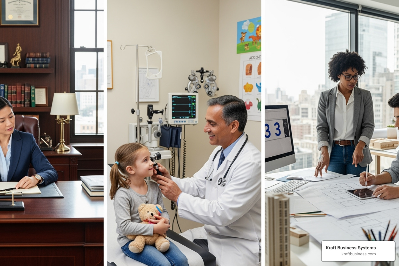 Diverse professionals in different work environments, including a lawyer in an office, a doctor with a patient, and an architect with blueprints - business printer lease near me