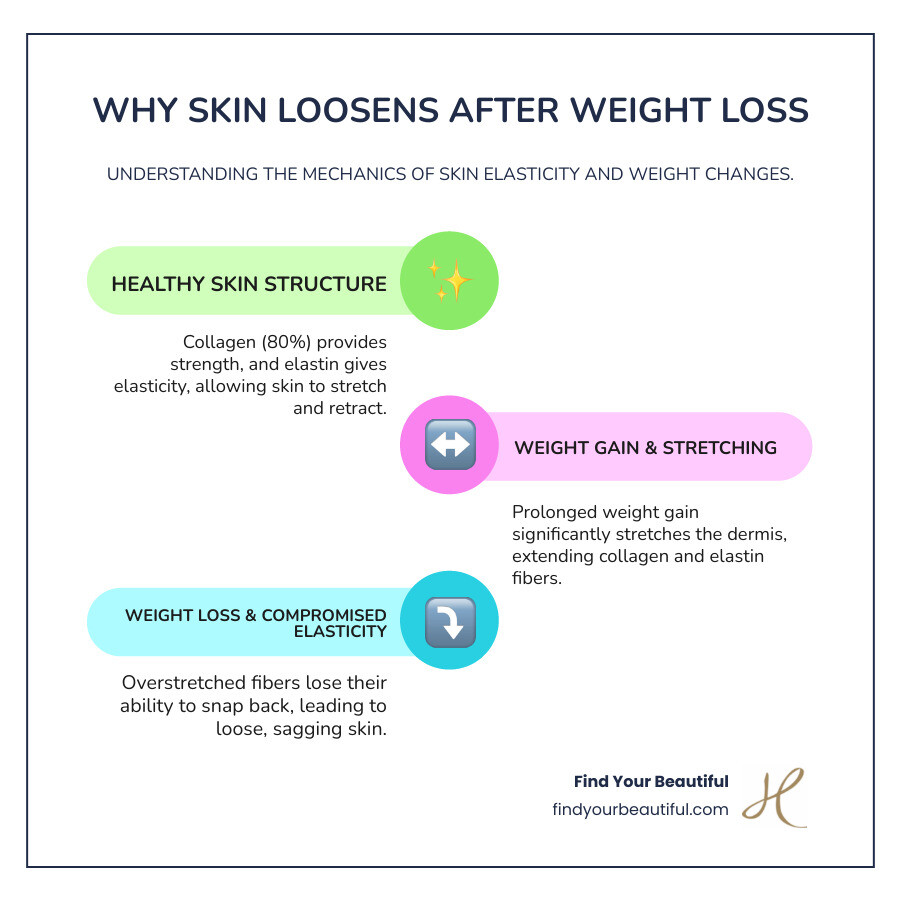 Infographic showing the skin's three layers - epidermis, dermis with collagen and elastin fibers, and hypodermis with subcutaneous fat - demonstrating how weight gain stretches these fibers and how they may lose their ability to retract after significant weight loss, leading to loose, sagging skin - loose skin after weight loss infographic infographic-line-3-steps-colors Infographic showing the skin's three layers - epidermis, dermis with collagen and elastin fibers, and hypodermis with subcutaneous fat - demonstrating how weight gain stretches these fibers and how they may lose their ability to retract after significant weight loss, leading to loose, sagging skin - loose skin after weight loss infographic infographic-line-3-steps-colors