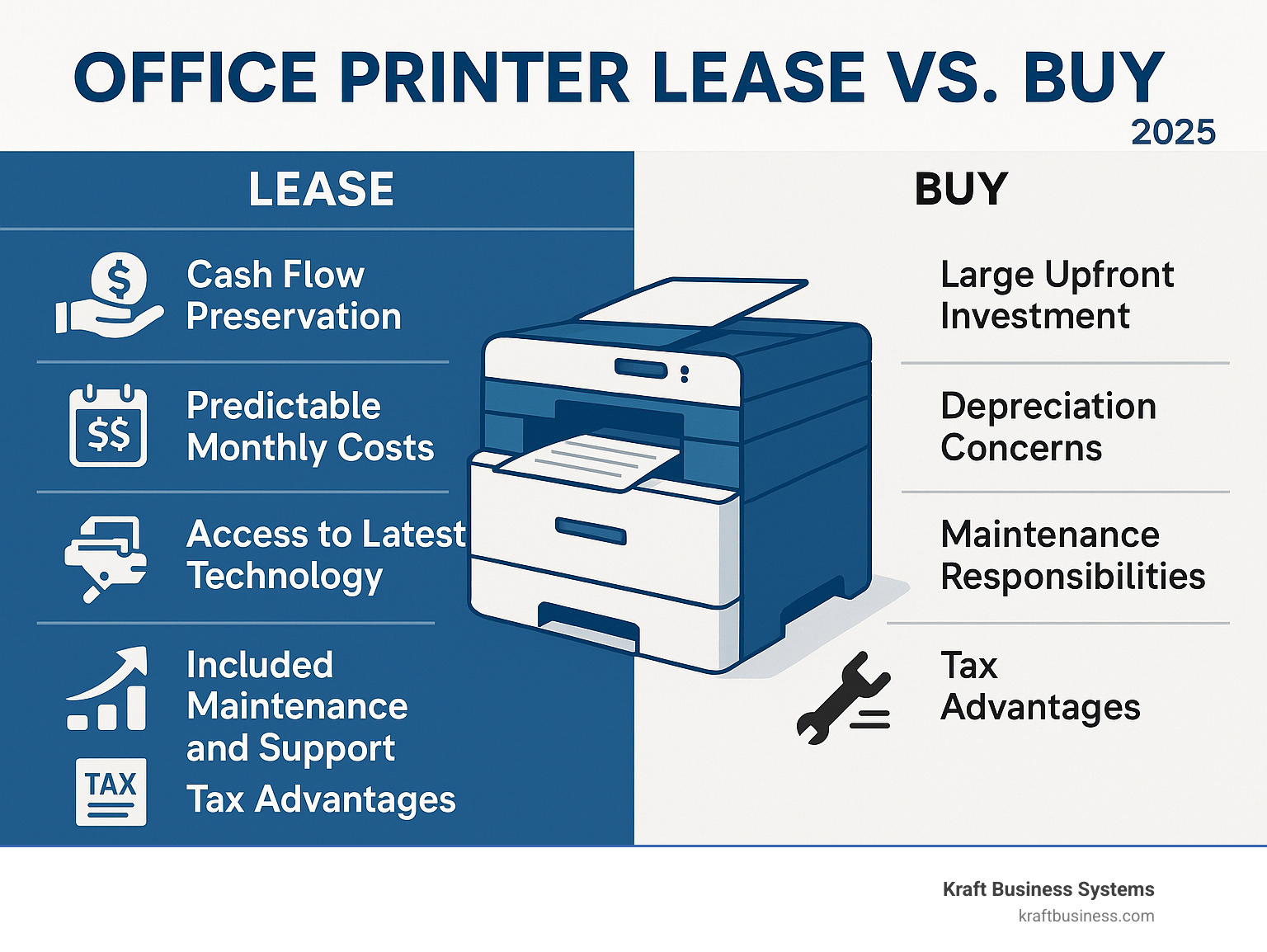 Comprehensive comparison of office printer leasing benefits including cash flow preservation, predictable monthly costs, access to latest technology, included maintenance and support, hassle-free upgrades, and tax advantages versus buying with large upfront investment, depreciation concerns, and maintenance responsibilities - office printer lease Detroit infographic 