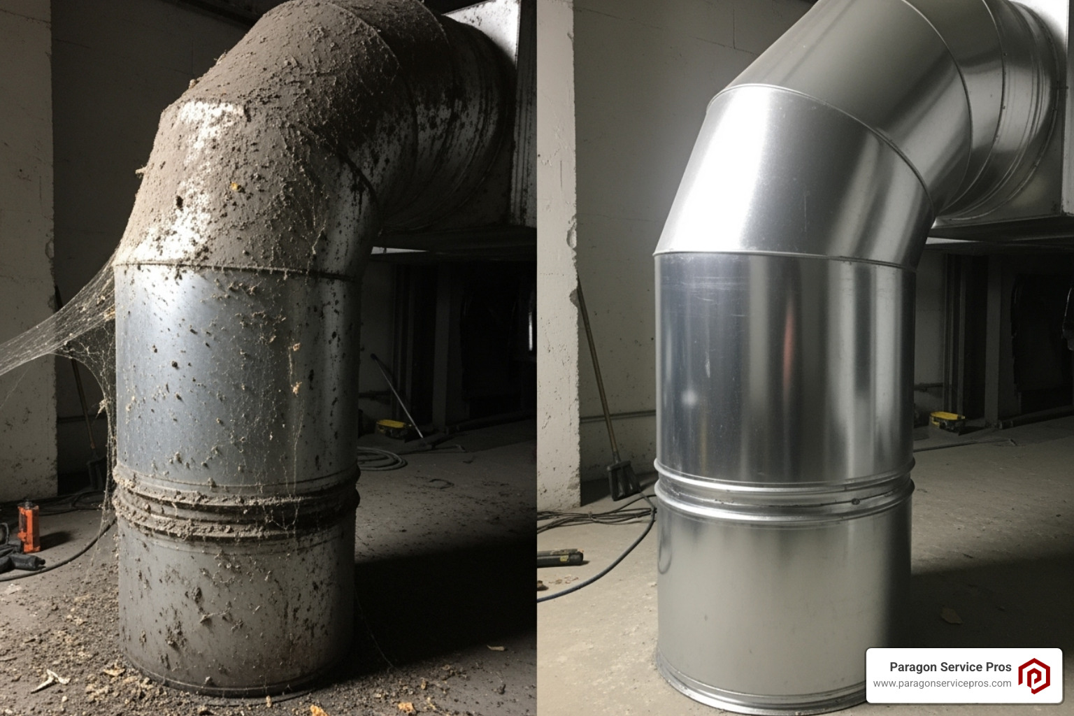 Image of a dirty air duct next to a clean one showing the visual difference after cleaning - Air Duct Cleaning in Chandler Image of a dirty air duct next to a clean one showing the visual difference after cleaning - Air Duct Cleaning in Chandler