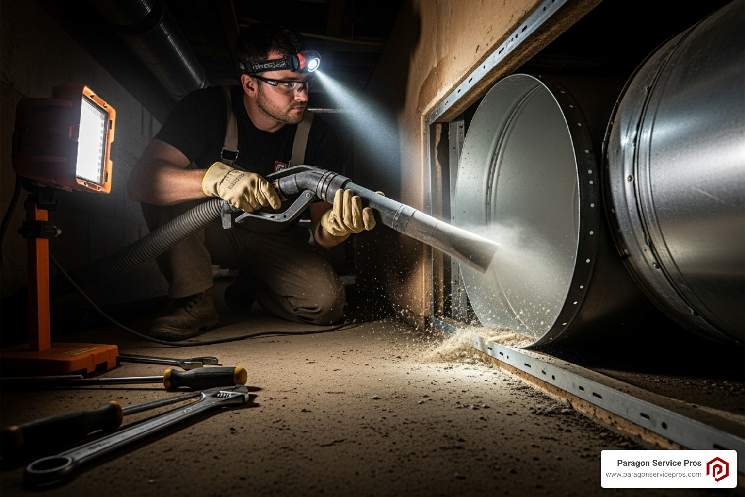 Image of a technician using a high-powered vacuum on a home's duct system during cleaning - Air Duct Cleaning in Chandler Image of a technician using a high-powered vacuum on a home's duct system during cleaning - Air Duct Cleaning in Chandler