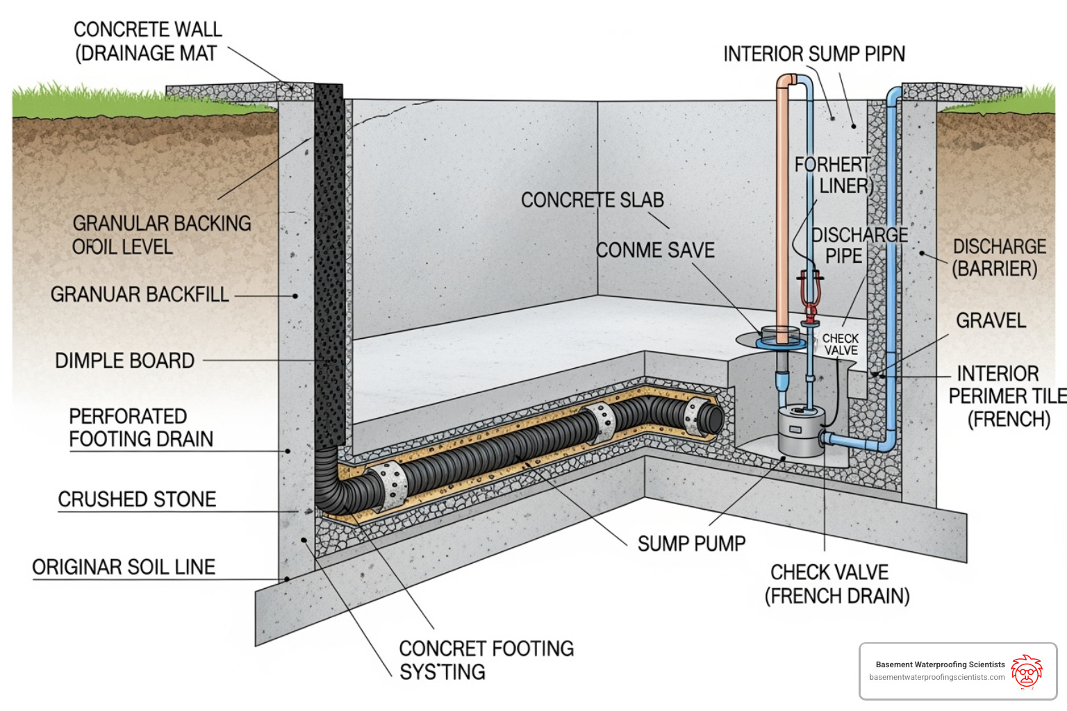 diagram showing a full drainage system with dimple board, footing drain, and sump pump - dimple board