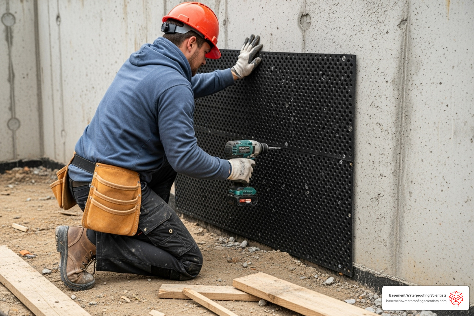 contractor fastening a dimple board to a wall - dimple board