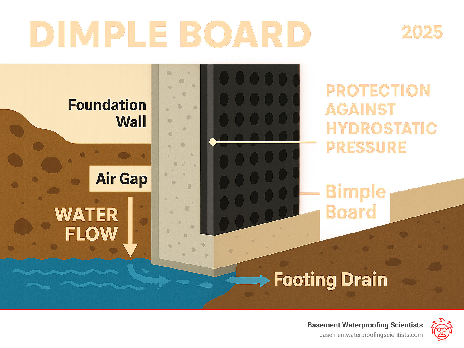 Infographic showing cross-section of foundation wall with dimple board installation, illustrating air gap creation, water flow direction, and protection against hydrostatic pressure - dimple board infographic 