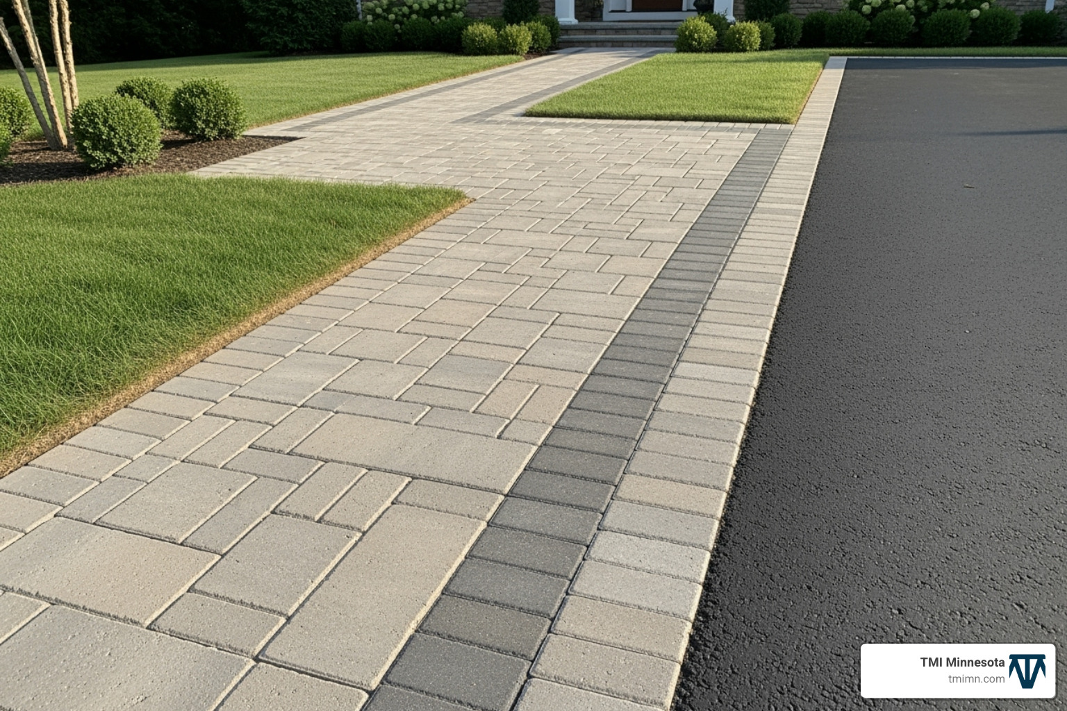 driveway with neat Belgium block edging and a matching walkway - landscaping around driveways