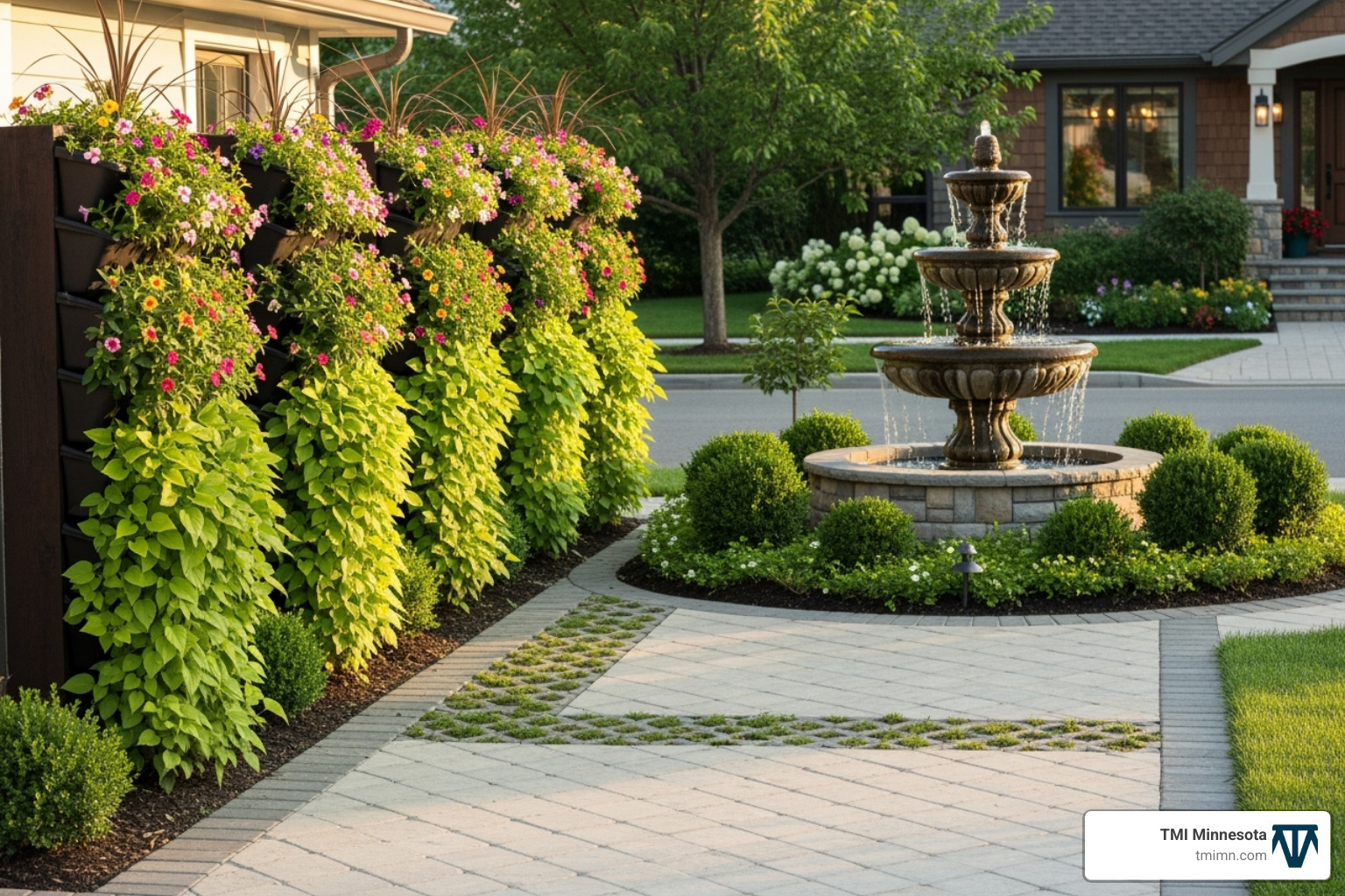 small driveway with vertical planters and a clear focal point - landscaping around driveways
