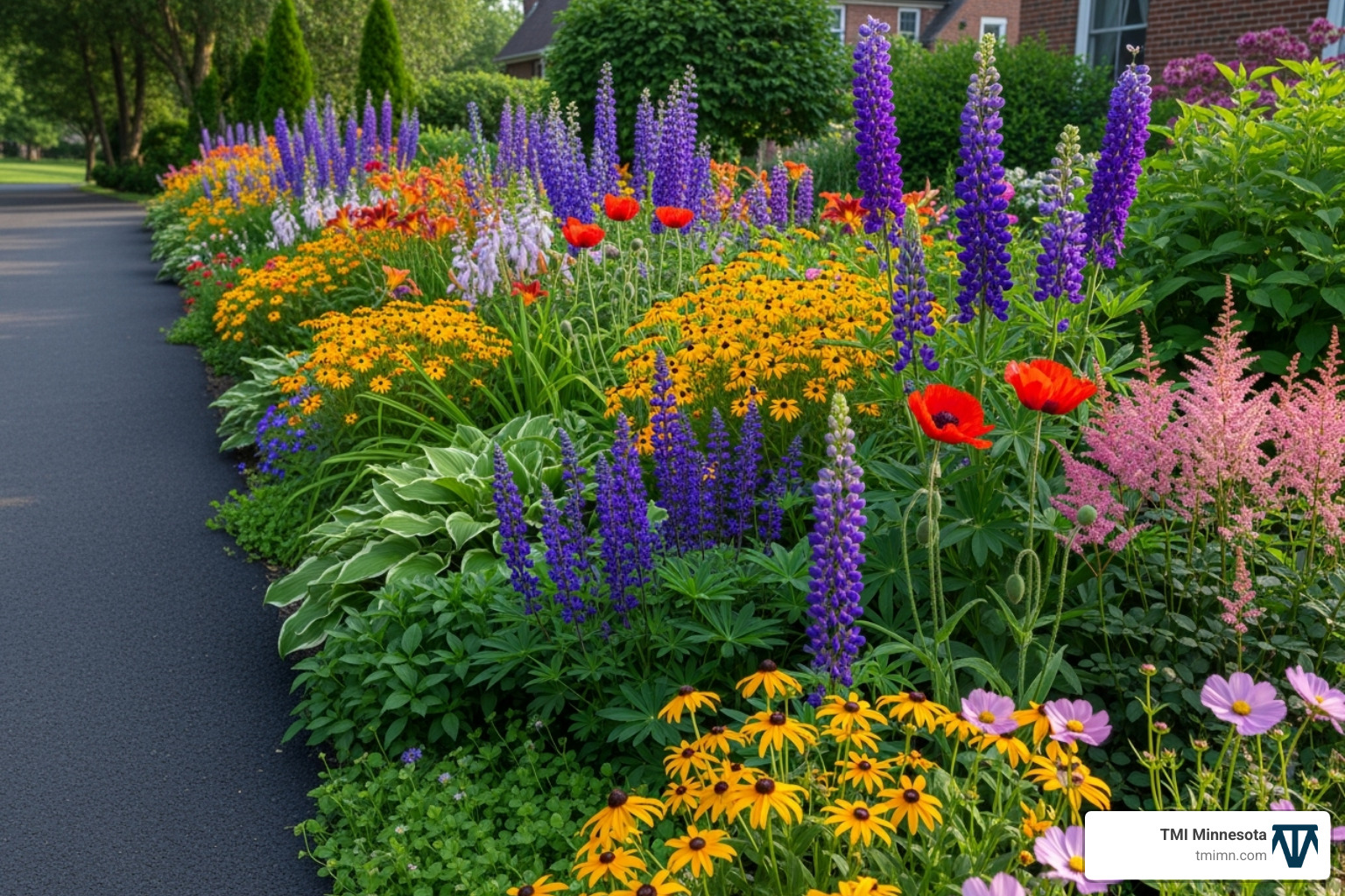 colorful perennial border along a driveway - landscaping around driveways