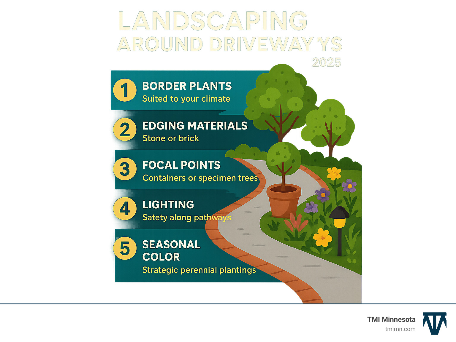 Infographic showing the 5 key elements of successful driveway landscaping: selecting appropriate border plants for your climate zone, installing durable edging materials like stone or brick, creating focal points with containers or specimen trees, adding safety lighting along pathways, and incorporating seasonal color through strategic perennial plantings - landscaping around driveways infographic 