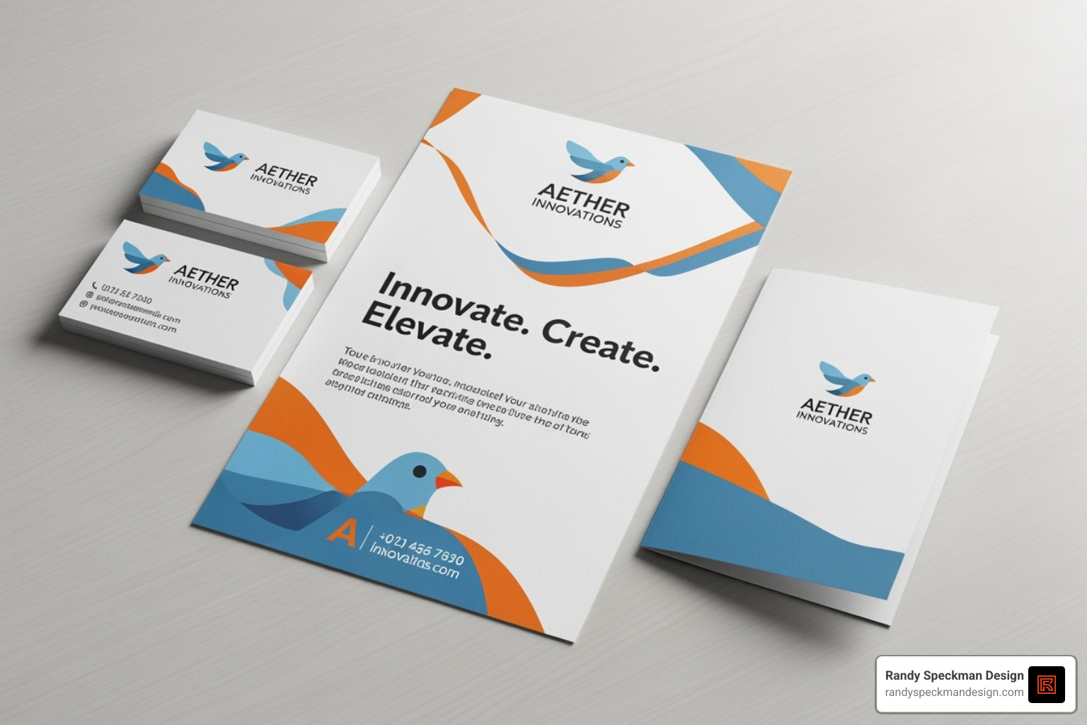 Image showing a cohesive set of marketing materials (business card, flyer, folder) with the same branding - Printed Materials Design