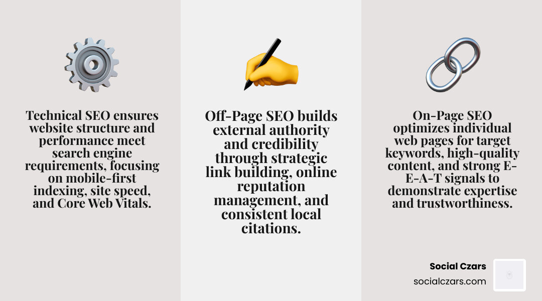Infographic showing the three pillars of SEO for professionals: Technical SEO (mobile-first indexing, site speed, Core Web Vitals), On-Page SEO (keyword optimization, content quality, E-E-A-T signals), and Off-Page SEO (link building, reputation management, local citations) - SEO for professionals infographic 3_facts_emoji_grey