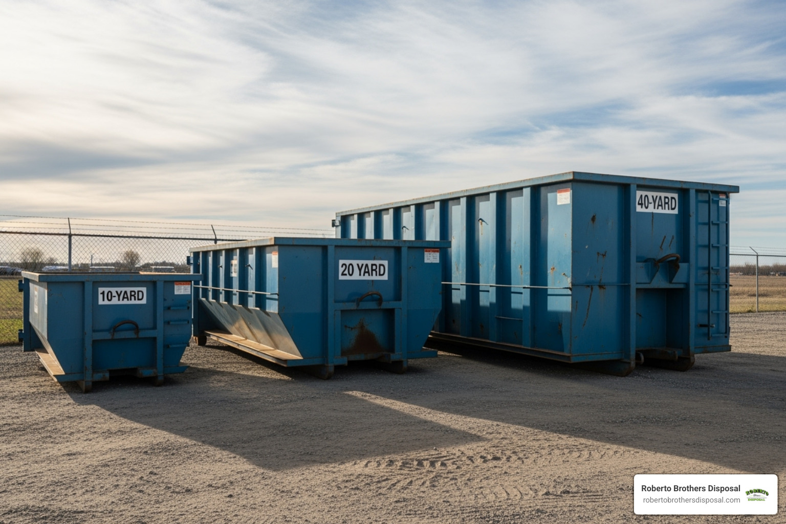 different sized roll-off dumpsters lined up for comparison - garbage container rentals