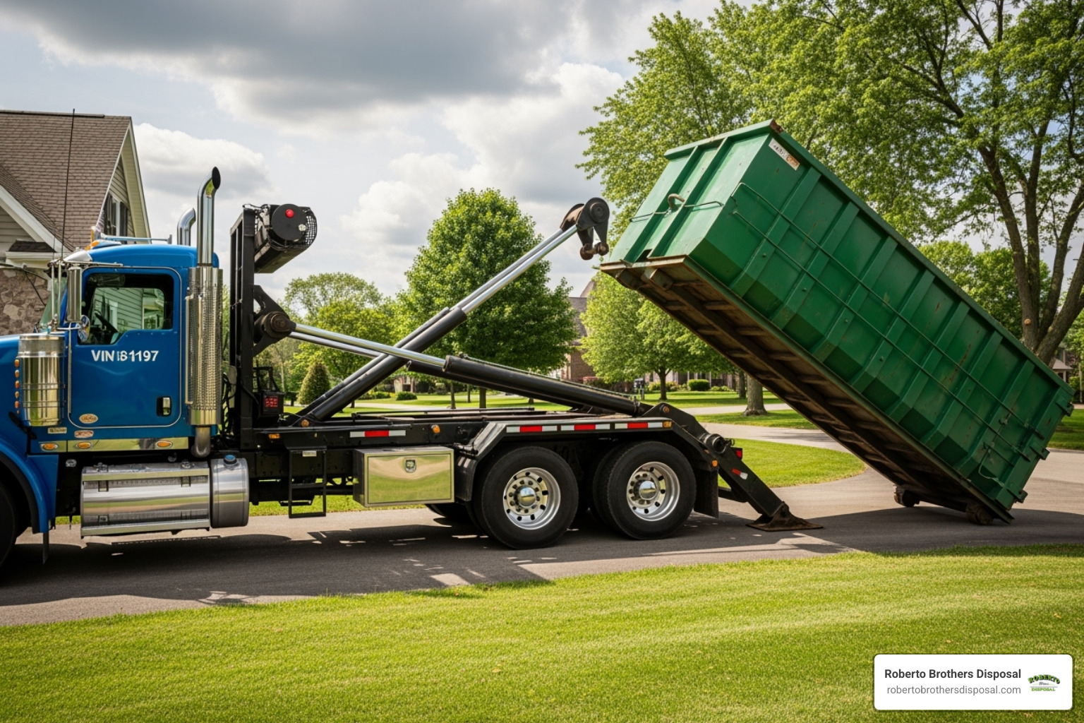 a dumpster being delivered by a truck - garbage container rentals