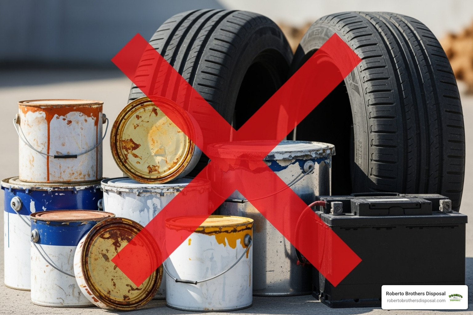 prohibited items like paint cans, tires, and batteries with a red 'X' over them - garbage container rentals