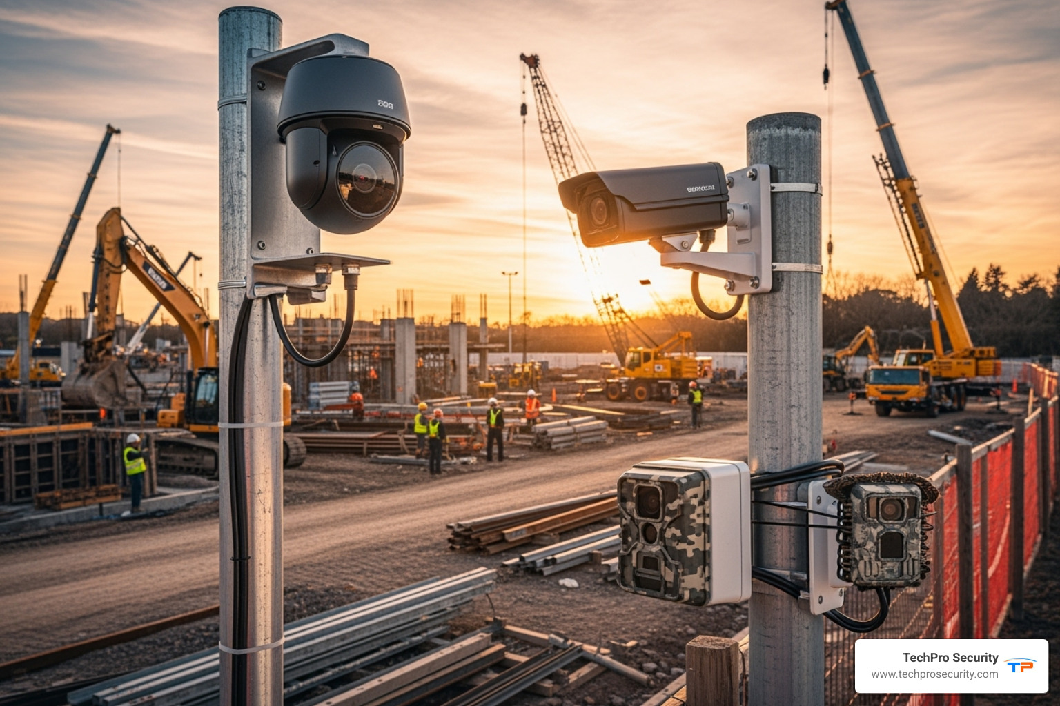 Image showing different types of construction cameras like a PTZ camera on a mast and a fixed pole camera - construction site camera rental