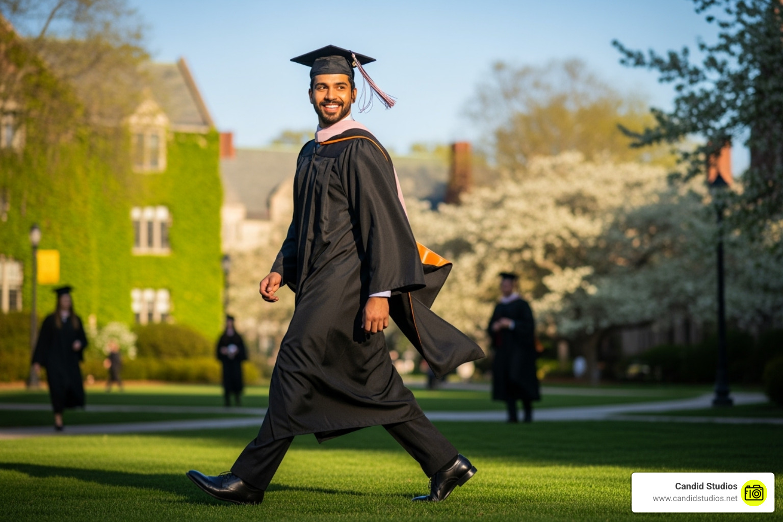 male graduate in a dynamic walking pose on campus - male graduation poses